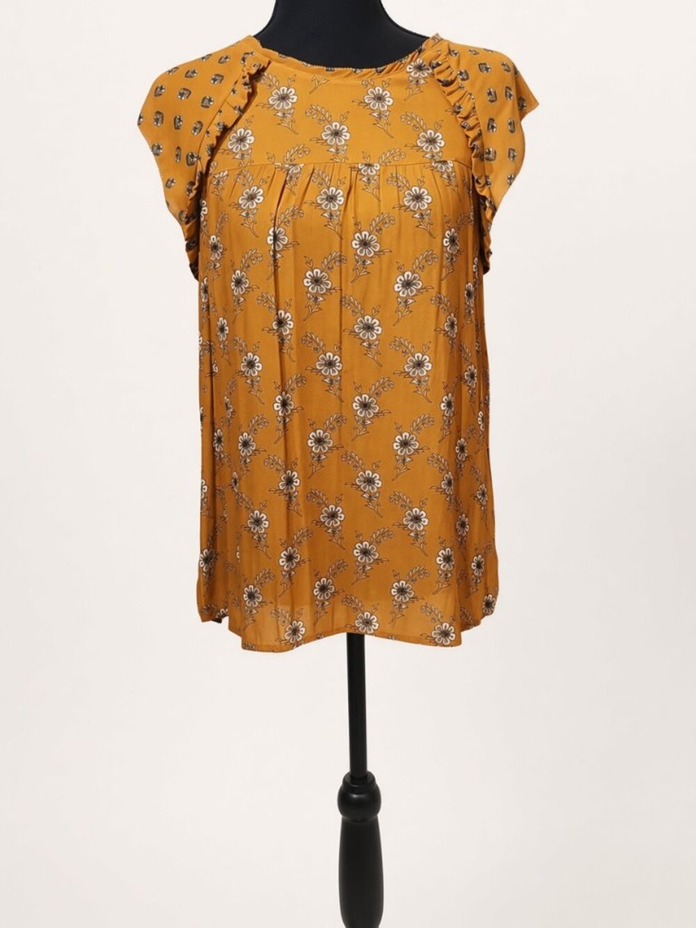 LOFT Mustard Floral Ruffle Sleeve Blouse Size S